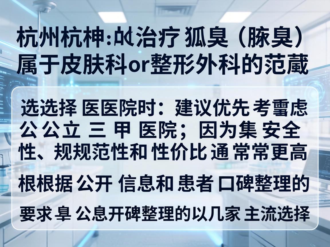 在杭州,治疗狐臭(腋臭)属于皮肤科或整形外科的范畴。选择医院时,建议优先考虑公立三甲医院,因为其安全性、规范性和性价比通常更高。以下是根据公开信息和患者口碑整理的几家主流选择 在杭州,治疗狐臭(腋臭)属于皮肤科或整形外科的范畴。选择医院时,建议优先考虑公立三甲医院,因为其安全性、规范性和性价比通常更高。以下是根据公开信息和患者口碑整理的几家主流选择