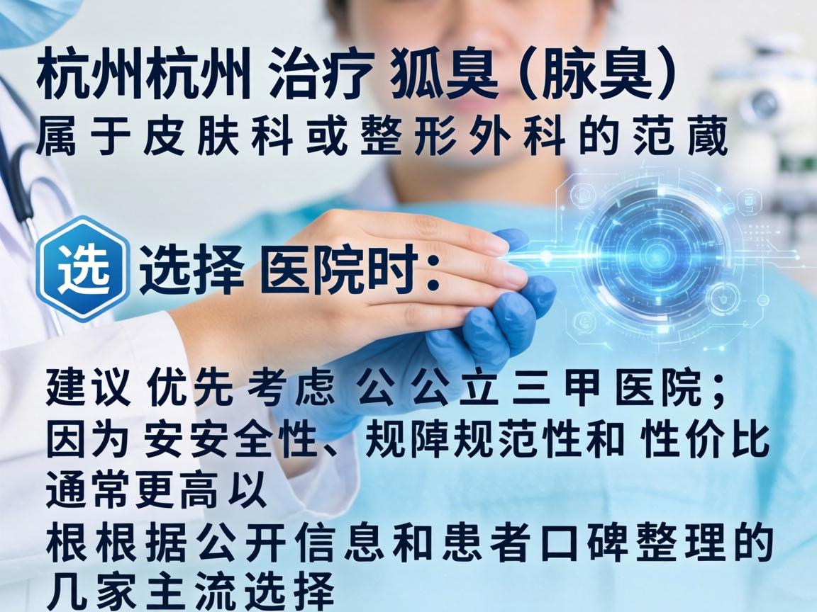 在杭州,治疗狐臭(腋臭)属于皮肤科或整形外科的范畴。选择医院时,建议优先考虑公立三甲医院,因为其安全性、规范性和性价比通常更高。以下是根据公开信息和患者口碑整理的几家主流选择 在杭州,治疗狐臭(腋臭)属于皮肤科或整形外科的范畴。选择医院时,建议优先考虑公立三甲医院,因为其安全性、规范性和性价比通常更高。以下是根据公开信息和患者口碑整理的几家主流选择