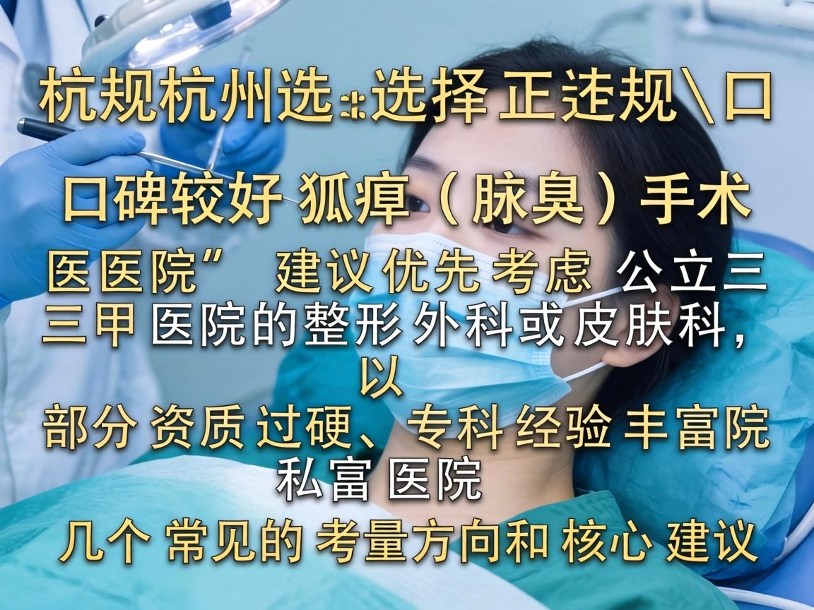 在杭州选择正规、口碑较好的狐臭（腋臭）手术医院，建议优先考虑公立三甲医院的整形外科或皮肤科，以及部分资质过硬、专科经验丰富的私立医院。以下是几个常见的考量方向和核心建议