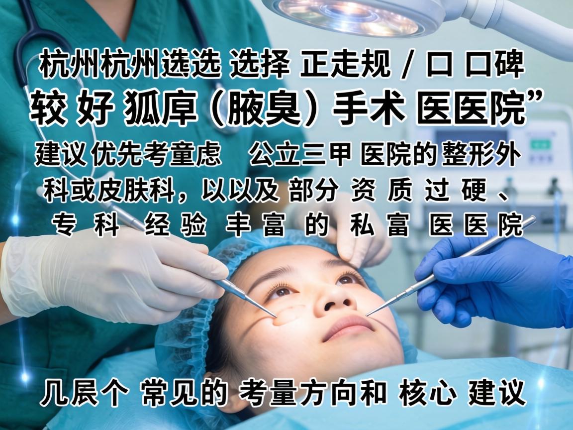 在杭州选择正规、口碑较好的狐臭（腋臭）手术医院，建议优先考虑公立三甲医院的整形外科或皮肤科，以及部分资质过硬、专科经验丰富的私立医院。以下是几个常见的考量方向和核心建议