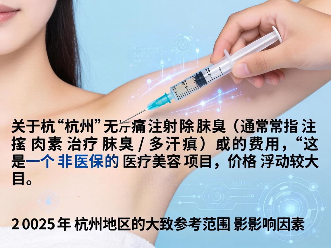 关于杭州无痛注射除腋臭（通常指注射肉毒素治疗腋臭/多汗症）的费用，这是一个非医保的医疗美容项目，价格浮动较大。以下是2025年杭州地区的大致参考范围及影响因素
