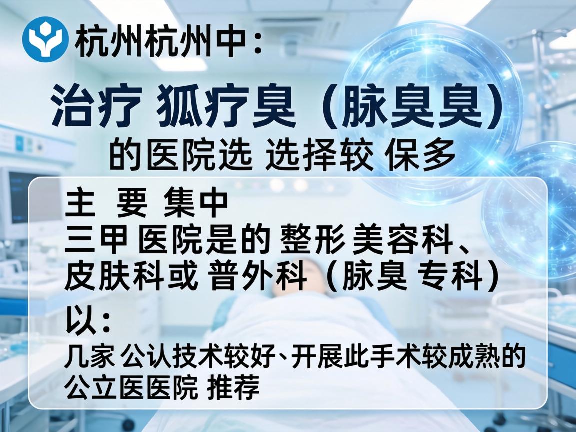 在杭州，治疗狐臭（腋臭）的医院选择较多，主要集中在三甲医院的整形美容科、皮肤科或普外科（腋臭专科）以下是几家公认技术较好、开展此手术较成熟的公立医院推荐