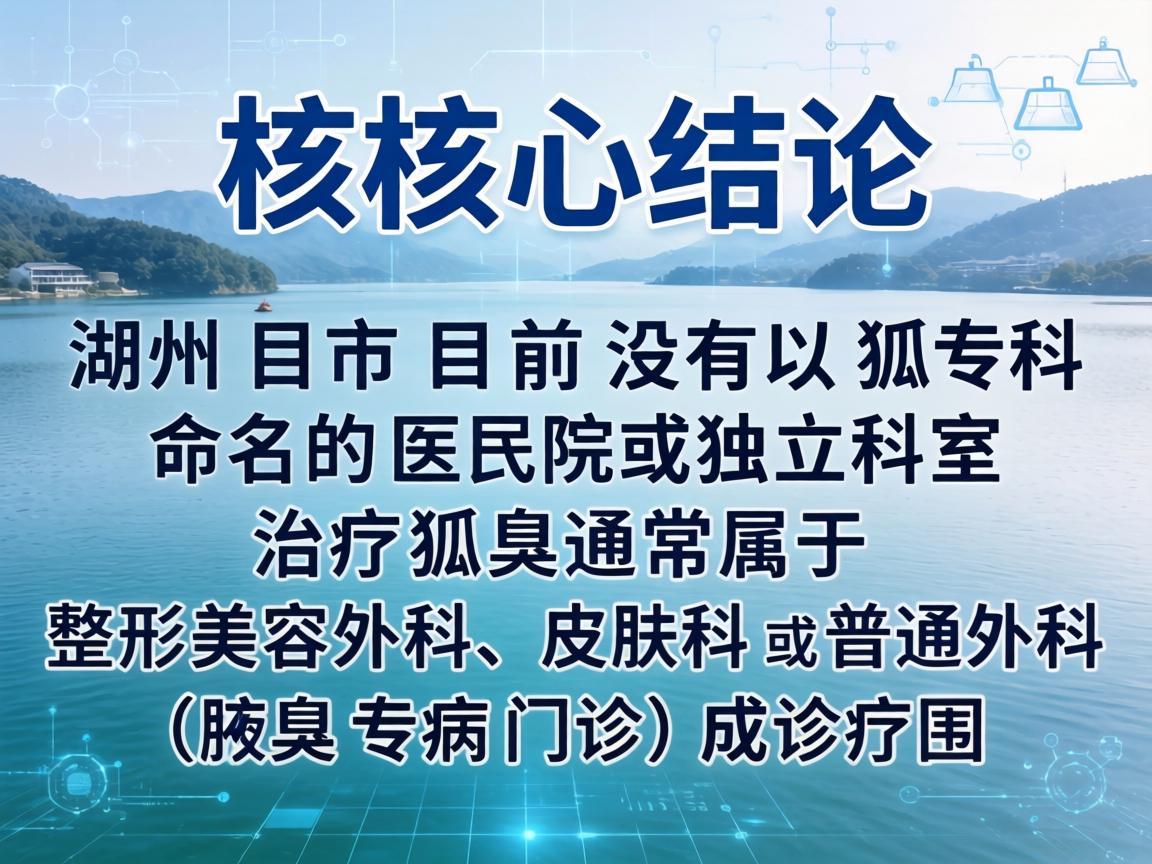 核心结论，湖州市目前没有以狐臭专科命名的医院或独立科室。治疗狐臭通常属于 整形美容外科、皮肤科 或 普通外科（腋臭专病门诊）的诊疗范围
