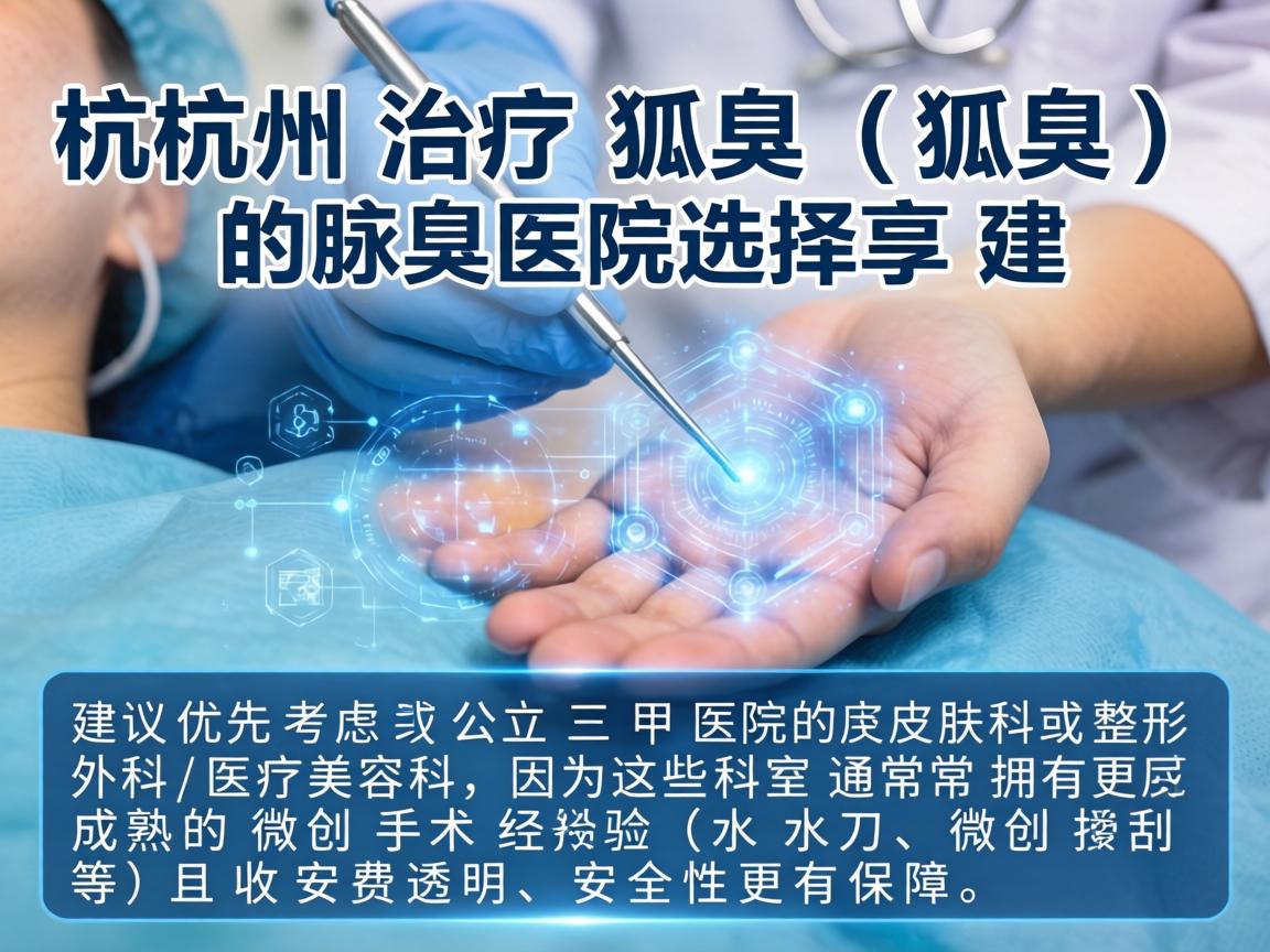 杭州治疗狐臭（腋臭）的医院选择，建议优先考虑公立三甲医院的皮肤科或整形外科/医疗美容科，因为这些科室通常拥有更成熟的微创手术经验（如水刀、微创搔刮等）且收费透明、安全性更有保障