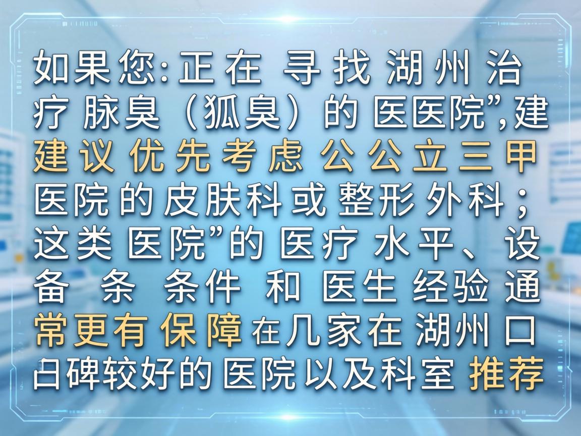 如果您正在寻找湖州治疗腋臭（狐臭）的医院，建议优先考虑公立三甲医院的皮肤科或整形外科，这类医院的医疗水平、设备条件和医生经验通常更有保障。以下是几家在湖州口碑较好的医院及科室推荐