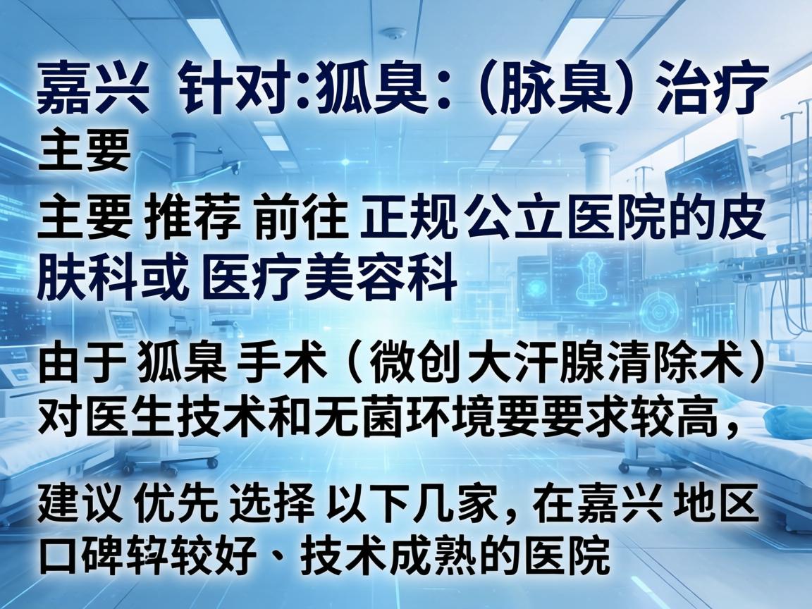 在嘉兴,针对狐臭(腋臭)的治疗,主要推荐前往正规公立医院的皮肤科或医疗美容科。由于狐臭手术(微创大汗腺清除术)对医生技术和无菌环境要求较高,建议优先选择以下几家在嘉兴地区口碑较好、技术成熟的医院 在嘉兴,针对狐臭(腋臭)的治疗,主要推荐前往正规公立医院的皮肤科或医疗美容科。由于狐臭手术(微创大汗腺清除术)对医生技术和无菌环境要求较高,建议优先选择以下几家在嘉兴地区口碑较好、技术成熟的医院