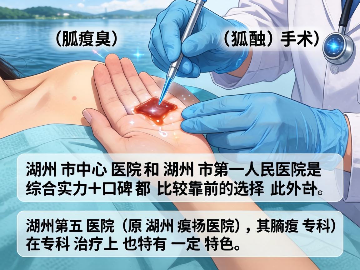 在湖州地区，提到腋臭（狐臭）手术，湖州市中心医院和湖州市第一人民医院是综合实力和口碑都比较靠前的选择。此外，湖州第五医院（原湖州肛肠医院，其腋臭专科）在专科治疗上也有一定特色