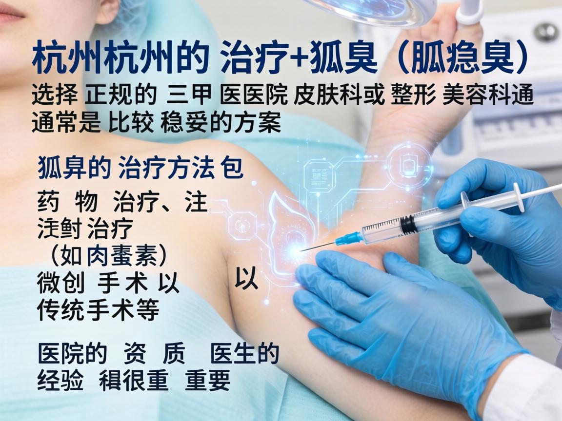 在杭州治疗狐臭（腋臭）选择正规的三甲医院皮肤科或整形美容科通常是比较稳妥的方案。狐臭的治疗方法包括药物治疗、注射治疗（如肉毒素）微创手术以及传统手术等，医院的资质和医生的经验很重要