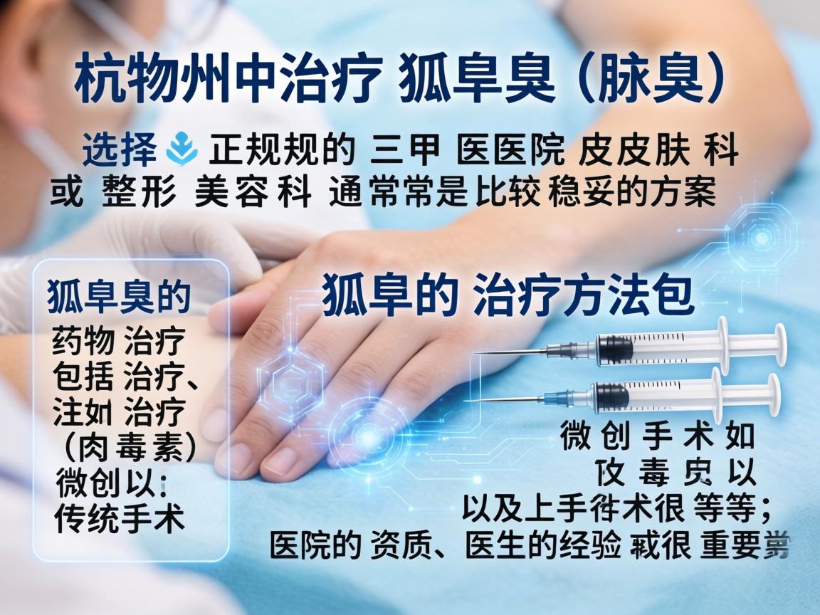 在杭州治疗狐臭（腋臭）选择正规的三甲医院皮肤科或整形美容科通常是比较稳妥的方案。狐臭的治疗方法包括药物治疗、注射治疗（如肉毒素）微创手术以及传统手术等，医院的资质和医生的经验很重要