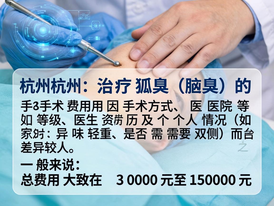 在杭州,治疗狐臭(腋臭)的手术费用因手术方式、医院等级、医生资历及个人情况(如异味轻重、是否需要双侧)而差异较大。一般来说,总费用大致在 3000元至15000元 之间 在杭州,治疗狐臭(腋臭)的手术费用因手术方式、医院等级、医生资历及个人情况(如异味轻重、是否需要双侧)而差异较大。一般来说,总费用大致在 3000元至15000元 之间