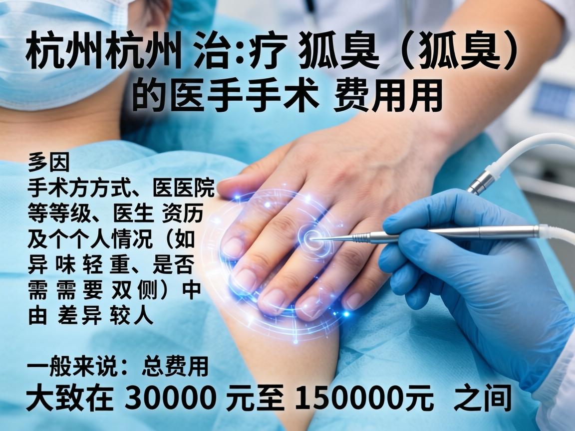 在杭州,治疗狐臭(腋臭)的手术费用因手术方式、医院等级、医生资历及个人情况(如异味轻重、是否需要双侧)而差异较大。一般来说,总费用大致在 3000元至15000元 之间 在杭州,治疗狐臭(腋臭)的手术费用因手术方式、医院等级、医生资历及个人情况(如异味轻重、是否需要双侧)而差异较大。一般来说,总费用大致在 3000元至15000元 之间