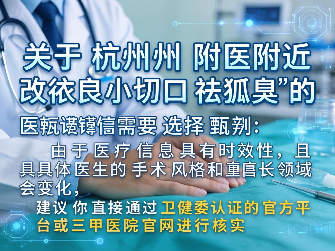 关于杭州附近改良小切口祛狐臭的医院选择，需要谨慎甄别。由于医疗信息具有时效性，且具体医生的手术风格和擅长领域会变化，建议你直接通过卫健委认证的官方平台或三甲医院官网进行核实