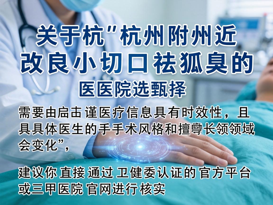 关于杭州附近改良小切口祛狐臭的医院选择，需要谨慎甄别。由于医疗信息具有时效性，且具体医生的手术风格和擅长领域会变化，建议你直接通过卫健委认证的官方平台或三甲医院官网进行核实