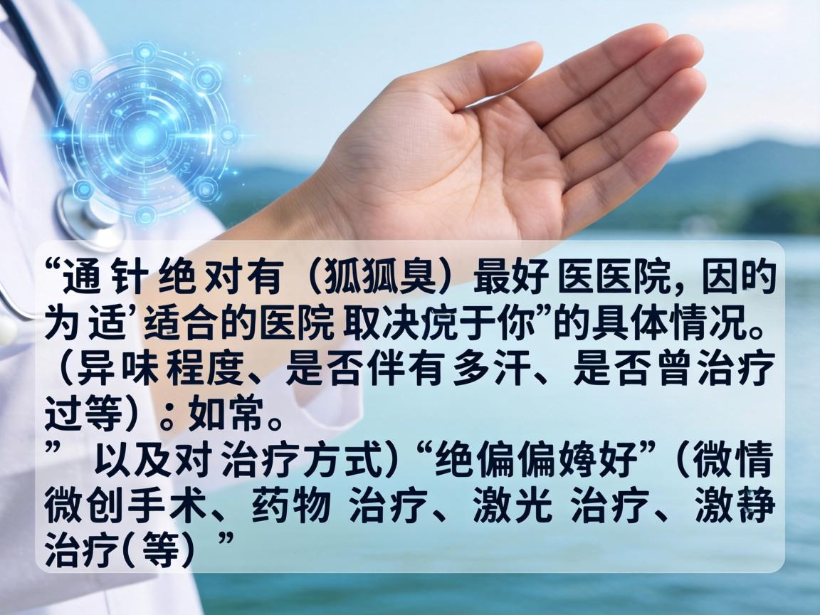 在湖州地区，针对腋臭（狐臭）的治疗，通常没有绝对的最好医院，因为适合的医院取决于你的具体情况（如异味程度、是否伴有多汗、是否曾治疗过等）以及对治疗方式的偏好（如微创手术、药物治疗、激光治疗等）