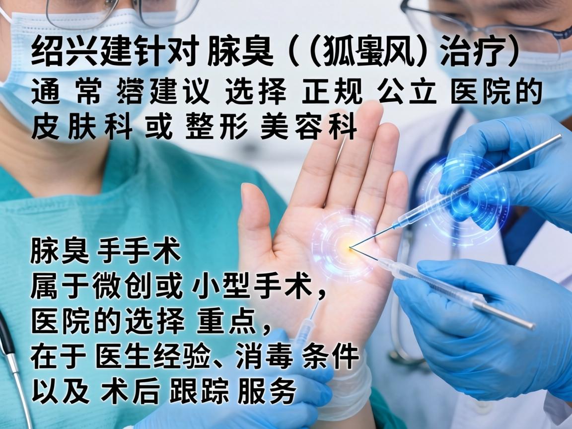 在绍兴,针对腋臭(狐臭)的治疗,通常建议选择正规公立医院的皮肤科或整形美容科。腋臭手术属于微创或小型手术,医院的选择重点在于医生经验、消毒条件以及术后跟踪服务 在绍兴,针对腋臭(狐臭)的治疗,通常建议选择正规公立医院的皮肤科或整形美容科。腋臭手术属于微创或小型手术,医院的选择重点在于医生经验、消毒条件以及术后跟踪服务