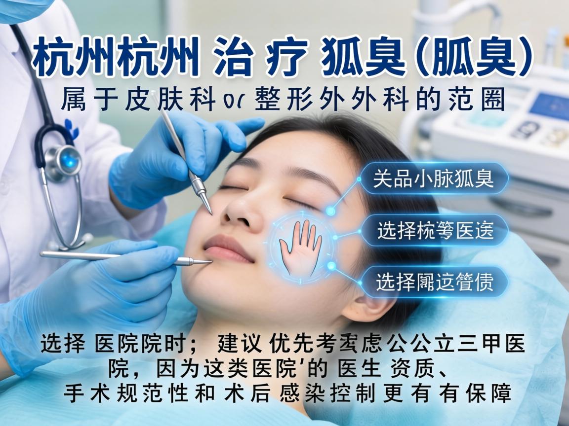 在杭州,治疗狐臭(腋臭)属于皮肤科或整形外科的范畴。选择医院时,建议优先考虑公立三甲医院,因为这类医院的医生资质、手术规范性和术后感染控制更有保障 在杭州,治疗狐臭(腋臭)属于皮肤科或整形外科的范畴。选择医院时,建议优先考虑公立三甲医院,因为这类医院的医生资质、手术规范性和术后感染控制更有保障