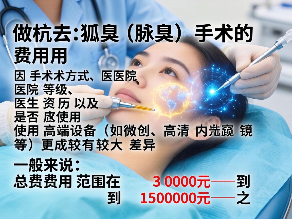 在杭州,做去狐臭(腋臭)手术的费用因手术方式、医院等级、医生资历以及是否使用高端设备(如微创、高清内窥镜等)而有较大差异。一般来说,总费用范围在 3000元 到 15000元 之间 在杭州,做去狐臭(腋臭)手术的费用因手术方式、医院等级、医生资历以及是否使用高端设备(如微创、高清内窥镜等)而有较大差异。一般来说,总费用范围在 3000元 到 15000元 之间