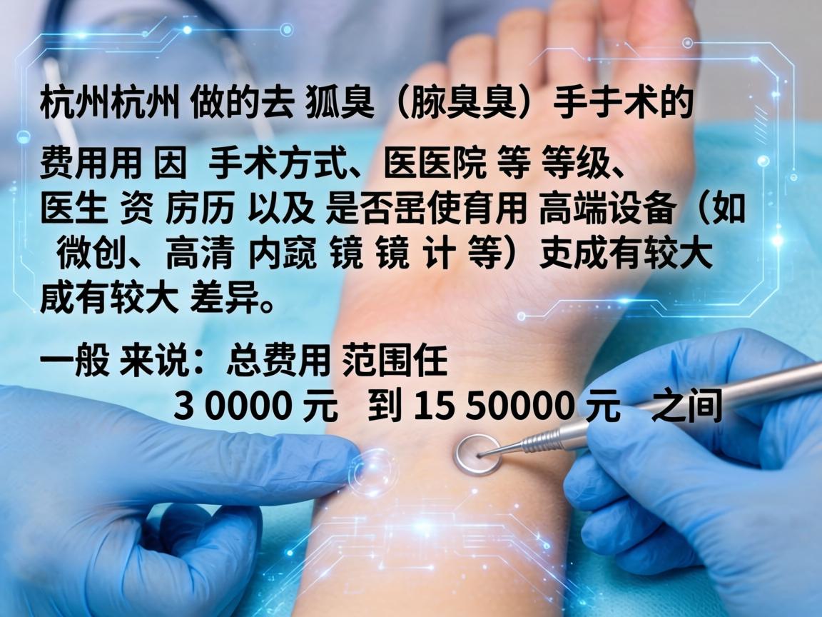 在杭州,做去狐臭(腋臭)手术的费用因手术方式、医院等级、医生资历以及是否使用高端设备(如微创、高清内窥镜等)而有较大差异。一般来说,总费用范围在 3000元 到 15000元 之间 在杭州,做去狐臭(腋臭)手术的费用因手术方式、医院等级、医生资历以及是否使用高端设备(如微创、高清内窥镜等)而有较大差异。一般来说,总费用范围在 3000元 到 15000元 之间