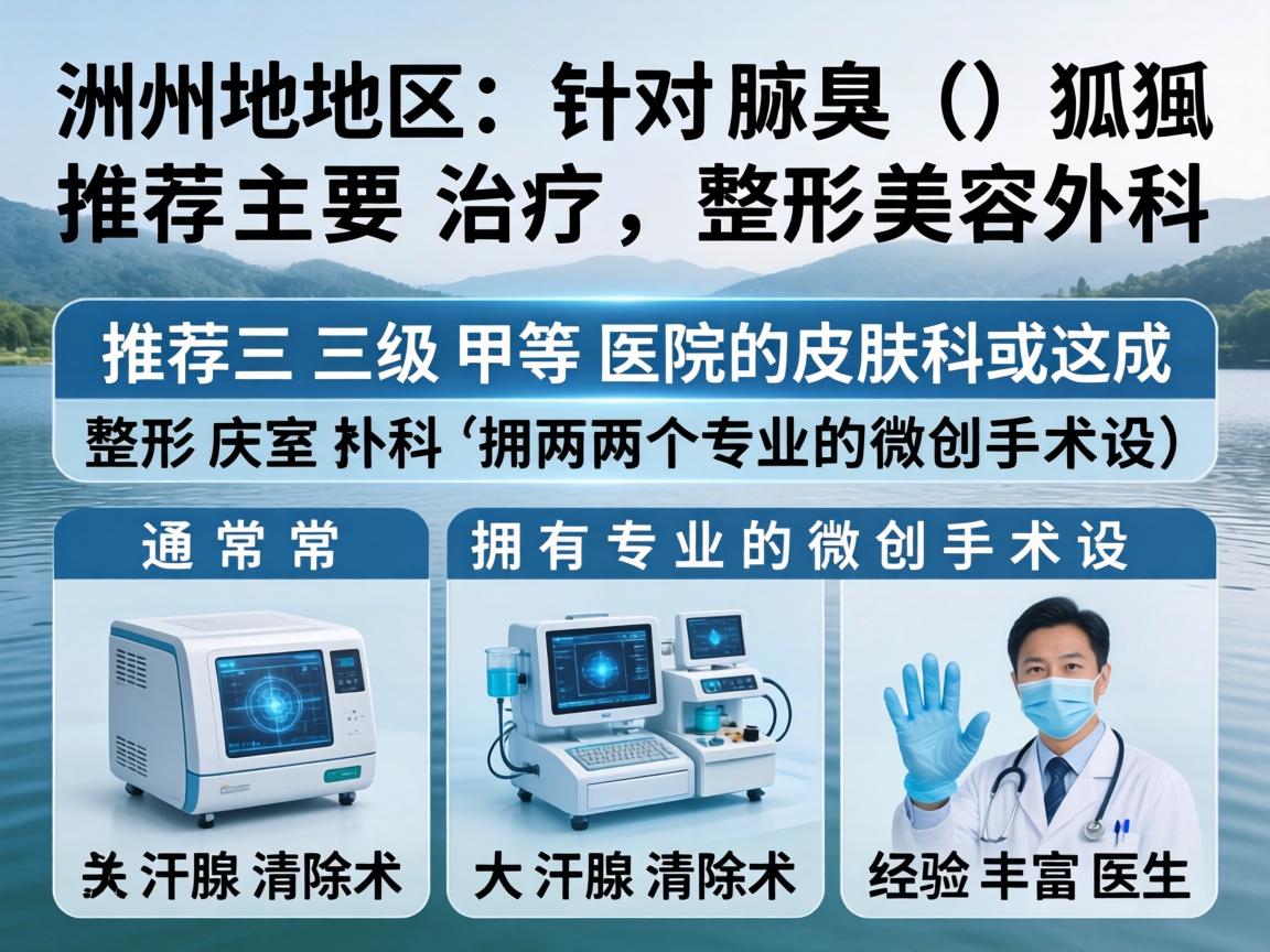在湖州地区,针对腋臭(狐臭)的治疗,主要推荐三级甲等医院的皮肤科或整形美容外科。这两个科室通常拥有专业的微创手术设备(如大汗腺清除术)和经验丰富的医生 在湖州地区,针对腋臭(狐臭)的治疗,主要推荐三级甲等医院的皮肤科或整形美容外科。这两个科室通常拥有专业的微创手术设备(如大汗腺清除术)和经验丰富的医生