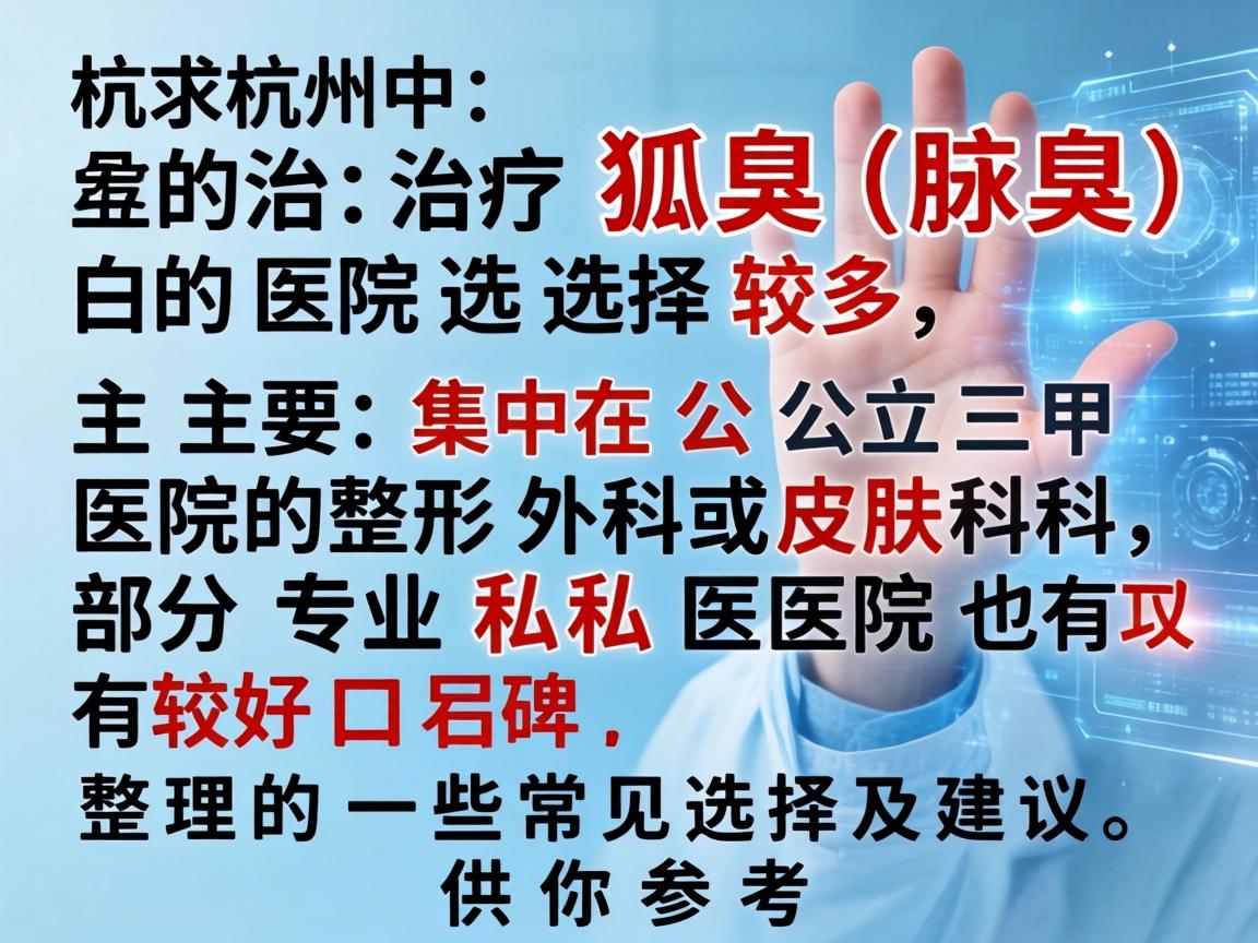 在杭州,治疗狐臭(腋臭)的医院选择较多,主要集中在公立三甲医院的整形外科或皮肤科,部分专业私立医院也有较好口碑。以下是整理的一些常见选择及建议,供你参考 在杭州,治疗狐臭(腋臭)的医院选择较多,主要集中在公立三甲医院的整形外科或皮肤科,部分专业私立医院也有较好口碑。以下是整理的一些常见选择及建议,供你参考