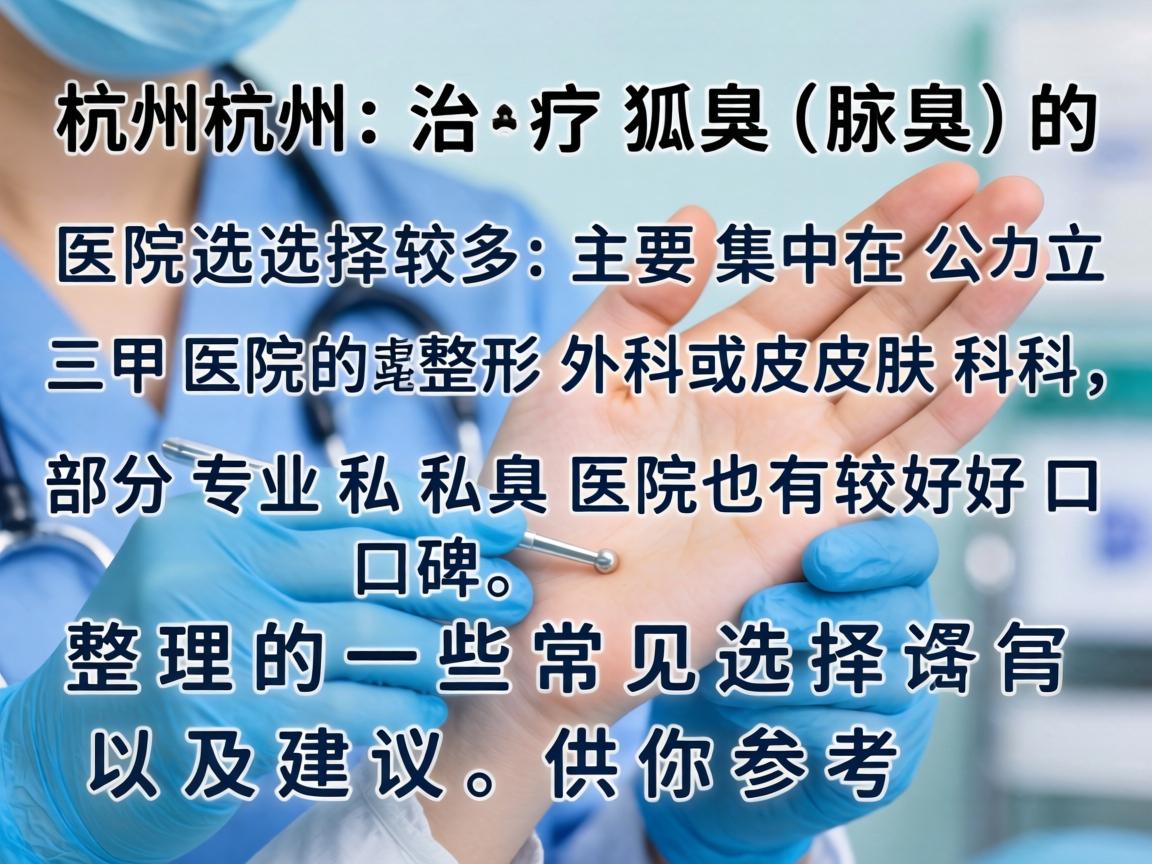 在杭州,治疗狐臭(腋臭)的医院选择较多,主要集中在公立三甲医院的整形外科或皮肤科,部分专业私立医院也有较好口碑。以下是整理的一些常见选择及建议,供你参考 在杭州,治疗狐臭(腋臭)的医院选择较多,主要集中在公立三甲医院的整形外科或皮肤科,部分专业私立医院也有较好口碑。以下是整理的一些常见选择及建议,供你参考