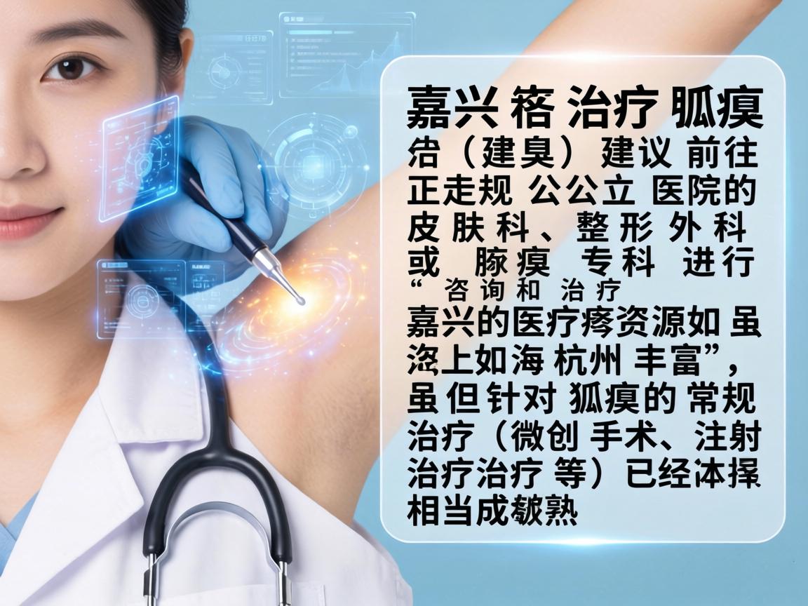 在嘉兴治疗狐臭(腋臭)建议前往正规公立医院的皮肤科、整形外科或腋臭专科进行咨询和治疗。嘉兴的医疗资源虽然不如上海杭州丰富,但针对狐臭的常规治疗(微创手术、注射治疗等)已经相当成熟 在嘉兴治疗狐臭(腋臭)建议前往正规公立医院的皮肤科、整形外科或腋臭专科进行咨询和治疗。嘉兴的医疗资源虽然不如上海杭州丰富,但针对狐臭的常规治疗(微创手术、注射治疗等)已经相当成熟