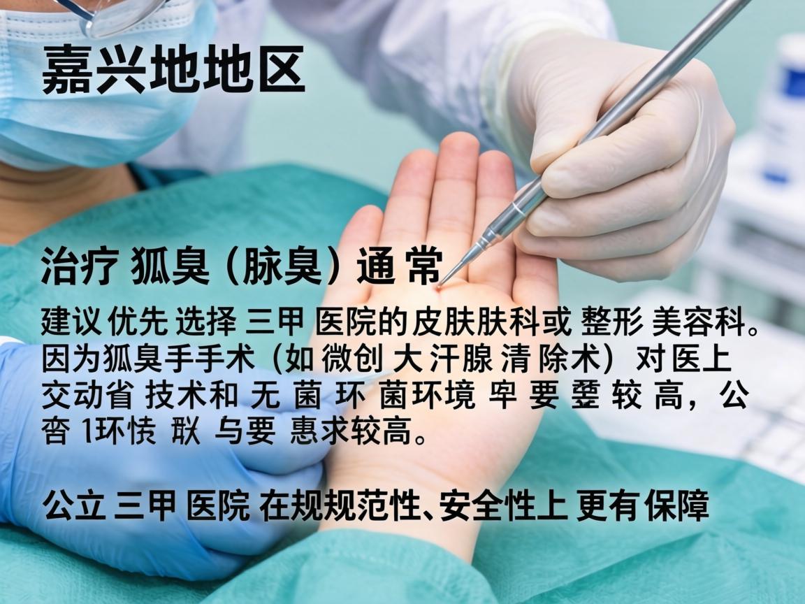 在嘉兴地区，治疗狐臭（腋臭）通常建议优先选择三甲医院的皮肤科或整形美容科。因为狐臭手术（如微创大汗腺清除术）对医生技术和无菌环境要求较高，公立三甲医院在规范性和安全性上更有保障