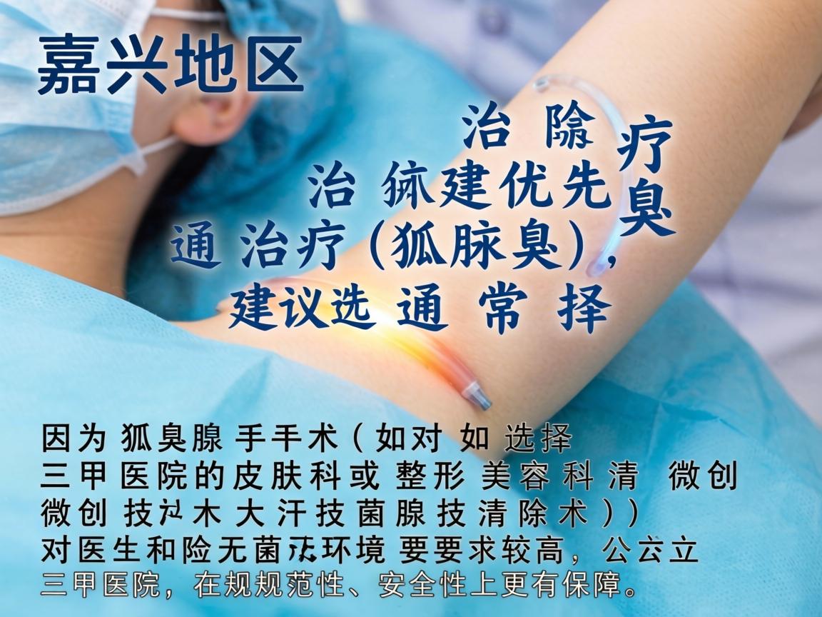 在嘉兴地区，治疗狐臭（腋臭）通常建议优先选择三甲医院的皮肤科或整形美容科。因为狐臭手术（如微创大汗腺清除术）对医生技术和无菌环境要求较高，公立三甲医院在规范性和安全性上更有保障