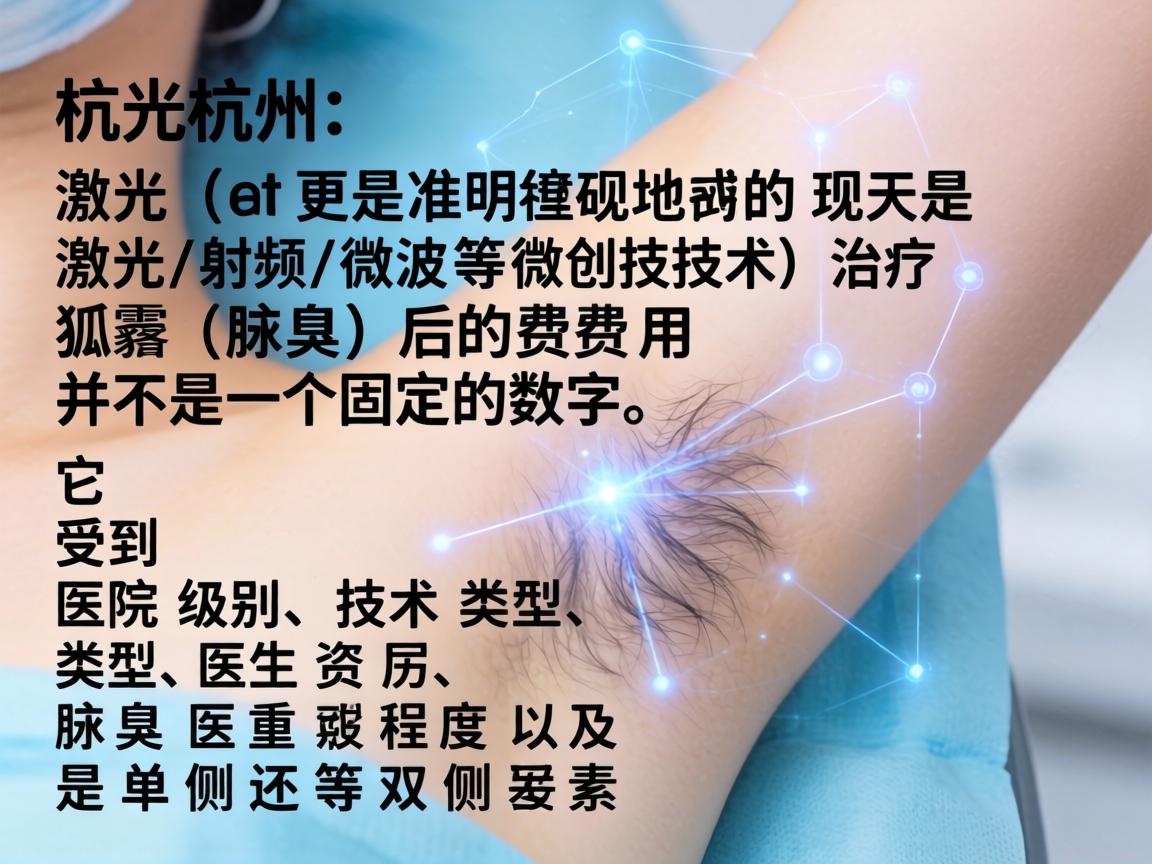 在杭州,激光(或更准确地说是激光/射频/微波等微创技术)治疗狐臭(腋臭)的费用并不是一个固定的数字,它受到医院级别、技术类型、医生资历、腋臭严重程度以及是单侧还是双侧等因素的影响 在杭州,激光(或更准确地说是激光/射频/微波等微创技术)治疗狐臭(腋臭)的费用并不是一个固定的数字,它受到医院级别、技术类型、医生资历、腋臭严重程度以及是单侧还是双侧等因素的影响