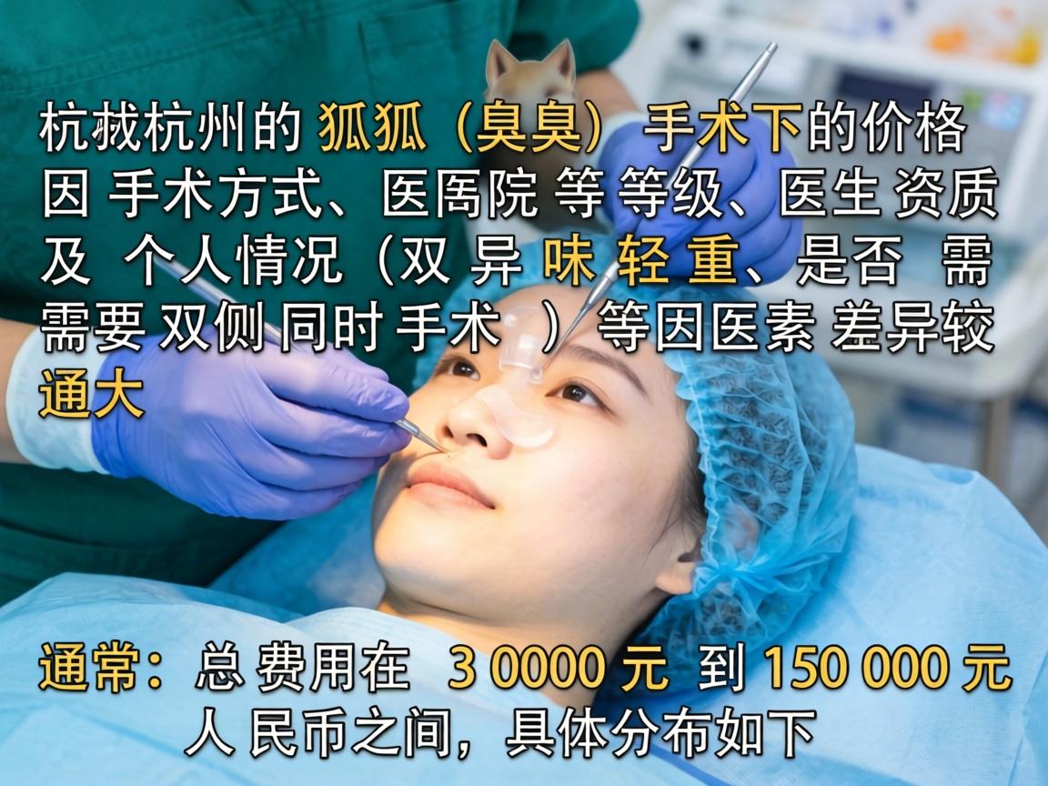 在杭州,狐臭(腋臭)手术的价格因手术方式、医院等级、医生资质及个人情况(如异味轻重、是否需要双侧同时手术)等因素差异较大。通常,总费用在 3000元 到 15000元 人民币之间,具体分布如下 在杭州,狐臭(腋臭)手术的价格因手术方式、医院等级、医生资质及个人情况(如异味轻重、是否需要双侧同时手术)等因素差异较大。通常,总费用在 3000元 到 15000元 人民币之间,具体分布如下