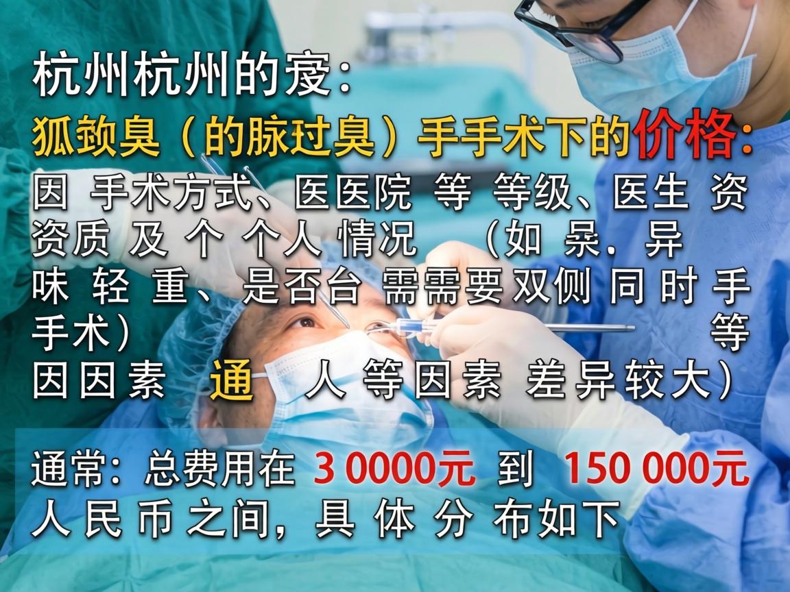 在杭州,狐臭(腋臭)手术的价格因手术方式、医院等级、医生资质及个人情况(如异味轻重、是否需要双侧同时手术)等因素差异较大。通常,总费用在 3000元 到 15000元 人民币之间,具体分布如下 在杭州,狐臭(腋臭)手术的价格因手术方式、医院等级、医生资质及个人情况(如异味轻重、是否需要双侧同时手术)等因素差异较大。通常,总费用在 3000元 到 15000元 人民币之间,具体分布如下