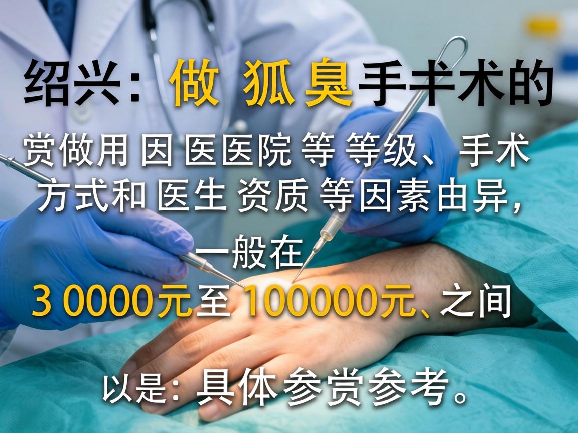 在绍兴做狐臭手术的费用因医院等级、手术方式和医生资质等因素而异,一般在 3000元至10000元 之间。以下是具体参考 在绍兴做狐臭手术的费用因医院等级、手术方式和医生资质等因素而异,一般在 3000元至10000元 之间。以下是具体参考