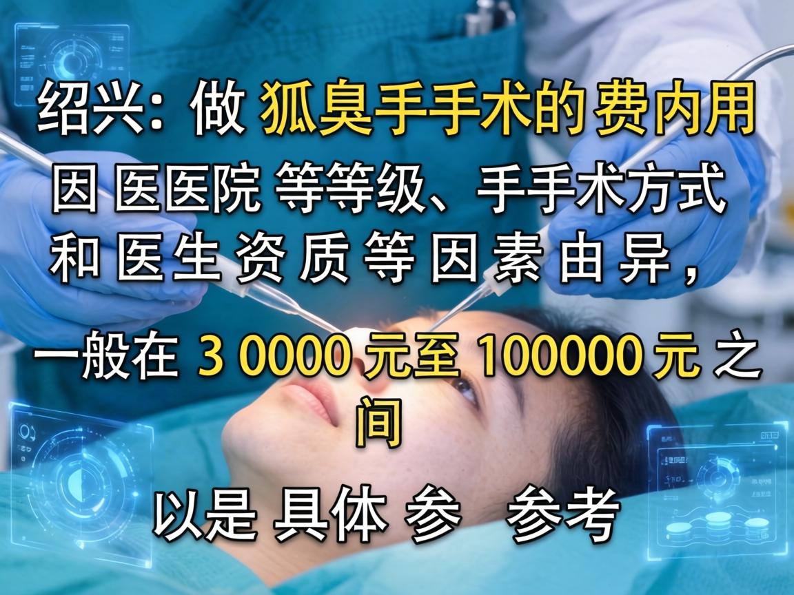 在绍兴做狐臭手术的费用因医院等级、手术方式和医生资质等因素而异,一般在 3000元至10000元 之间。以下是具体参考 在绍兴做狐臭手术的费用因医院等级、手术方式和医生资质等因素而异,一般在 3000元至10000元 之间。以下是具体参考