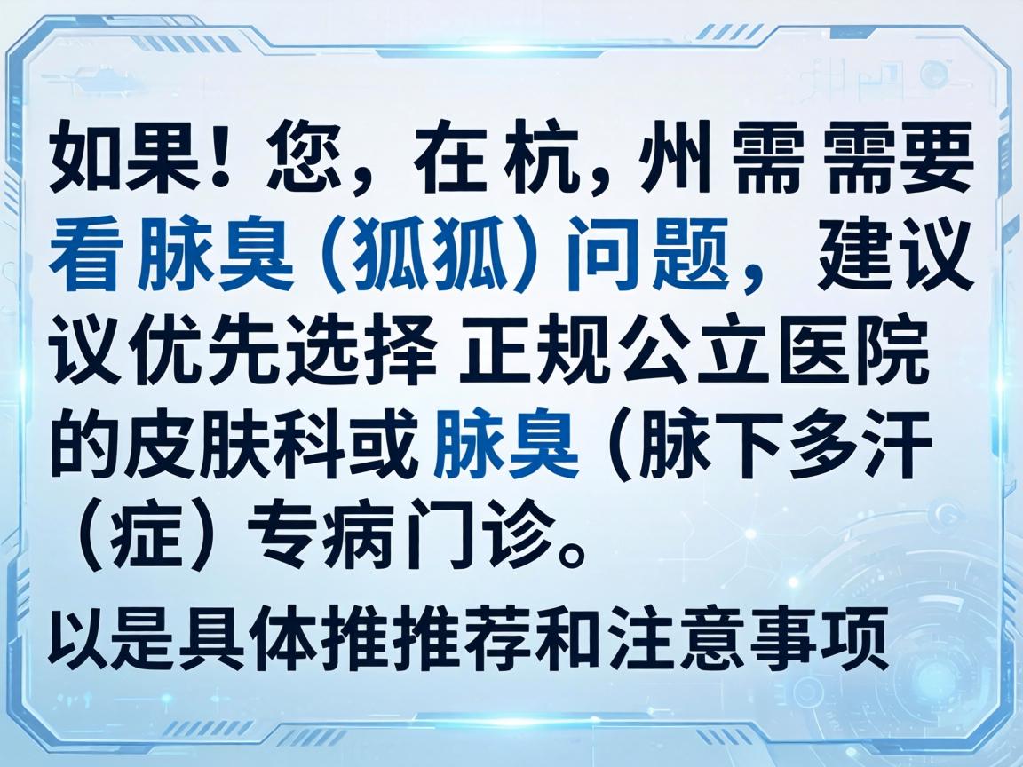 如果您在杭州需要看腋臭(狐臭)问题,建议优先选择正规公立医院的皮肤科或腋臭(腋下多汗症)专病门诊。以下是具体推荐和注意事项 如果您在杭州需要看腋臭(狐臭)问题,建议优先选择正规公立医院的皮肤科或腋臭(腋下多汗症)专病门诊。以下是具体推荐和注意事项