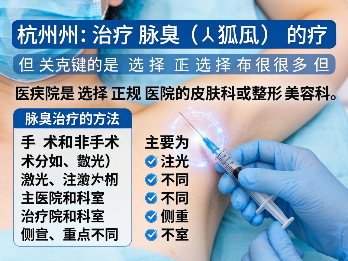 在杭州，治疗腋臭（狐臭）的医院选择很多，但关键是选择正规医院的皮肤科或整形美容科。腋臭的治疗方法主要分为手术和非手术（如激光、注射）不同医院和科室的侧重点不同