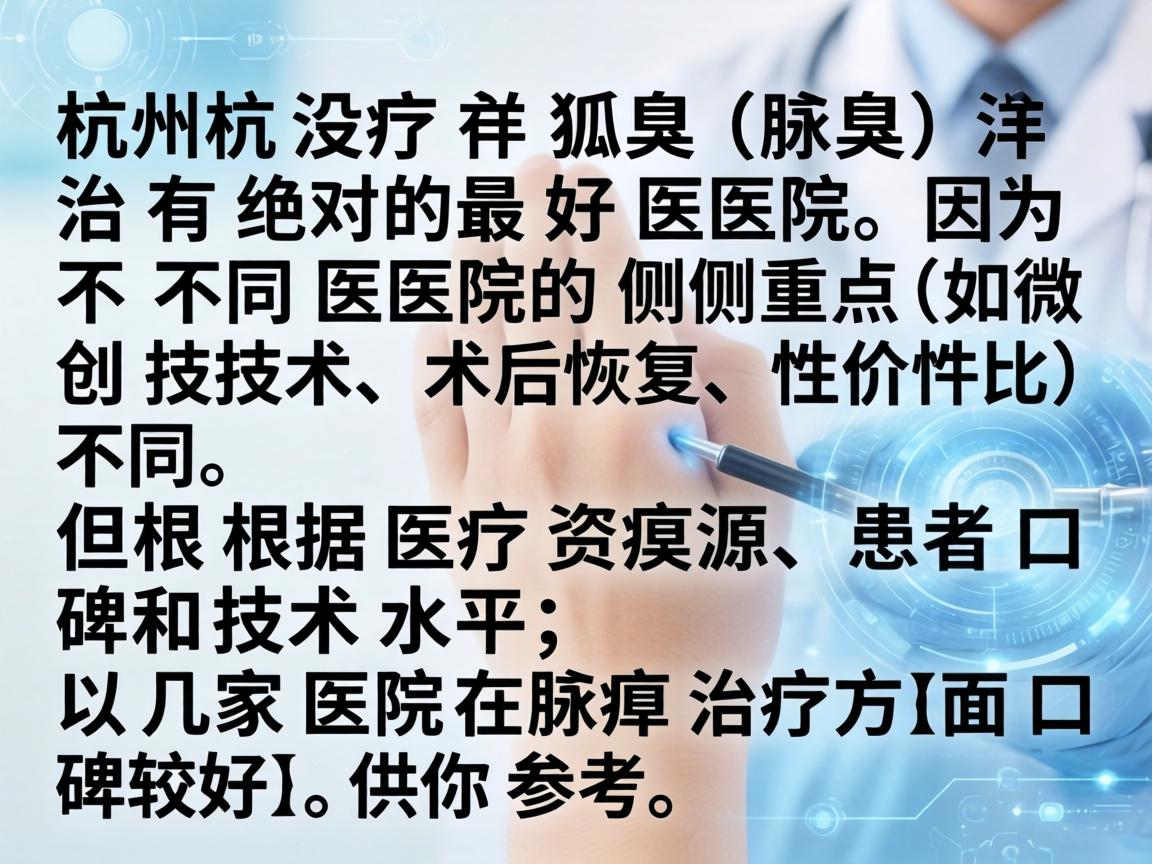 在杭州,治疗狐臭(腋臭)并没有绝对的最好医院,因为不同医院的侧重点(如微创技术、术后恢复、性价比)不同。但根据医疗资源、患者口碑和技术水平,以下几家医院在腋臭治疗方面口碑较好,供你参考 在杭州,治疗狐臭(腋臭)并没有绝对的最好医院,因为不同医院的侧重点(如微创技术、术后恢复、性价比)不同。但根据医疗资源、患者口碑和技术水平,以下几家医院在腋臭治疗方面口碑较好,供你参考