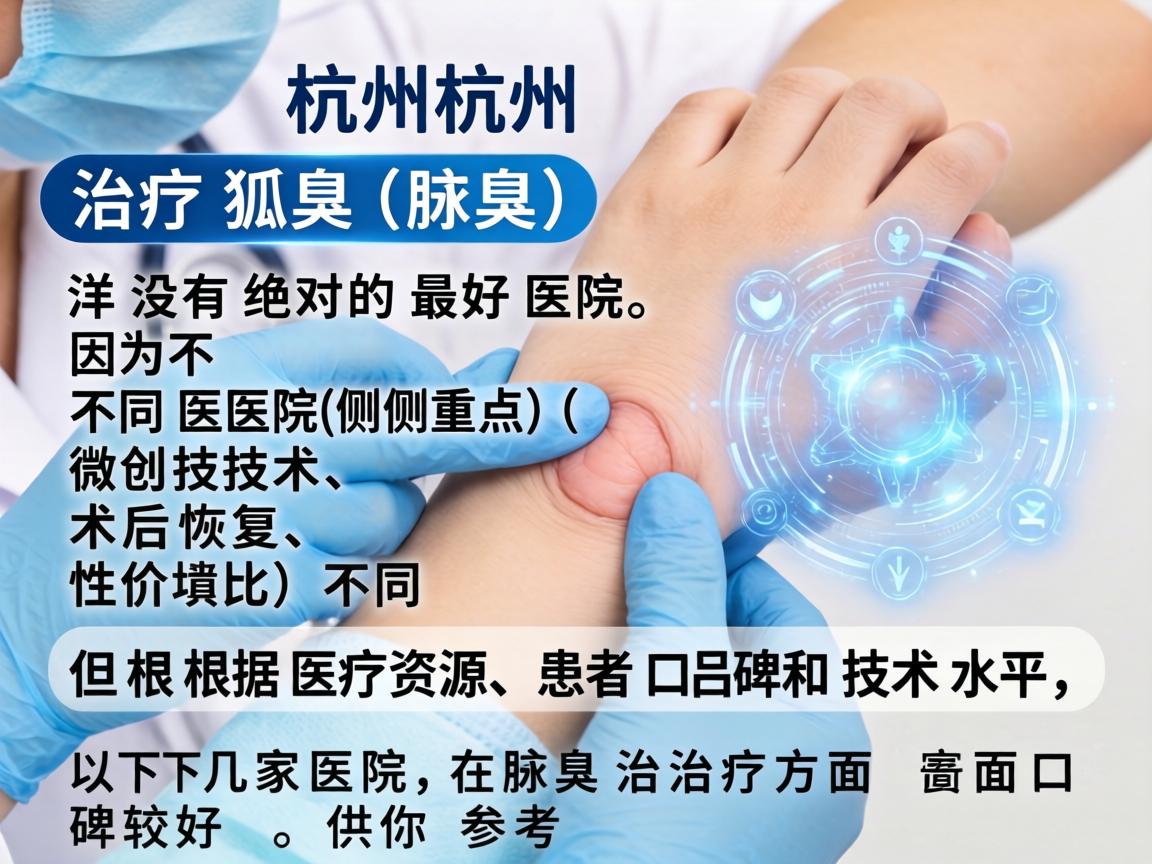 在杭州,治疗狐臭(腋臭)并没有绝对的最好医院,因为不同医院的侧重点(如微创技术、术后恢复、性价比)不同。但根据医疗资源、患者口碑和技术水平,以下几家医院在腋臭治疗方面口碑较好,供你参考 在杭州,治疗狐臭(腋臭)并没有绝对的最好医院,因为不同医院的侧重点(如微创技术、术后恢复、性价比)不同。但根据医疗资源、患者口碑和技术水平,以下几家医院在腋臭治疗方面口碑较好,供你参考