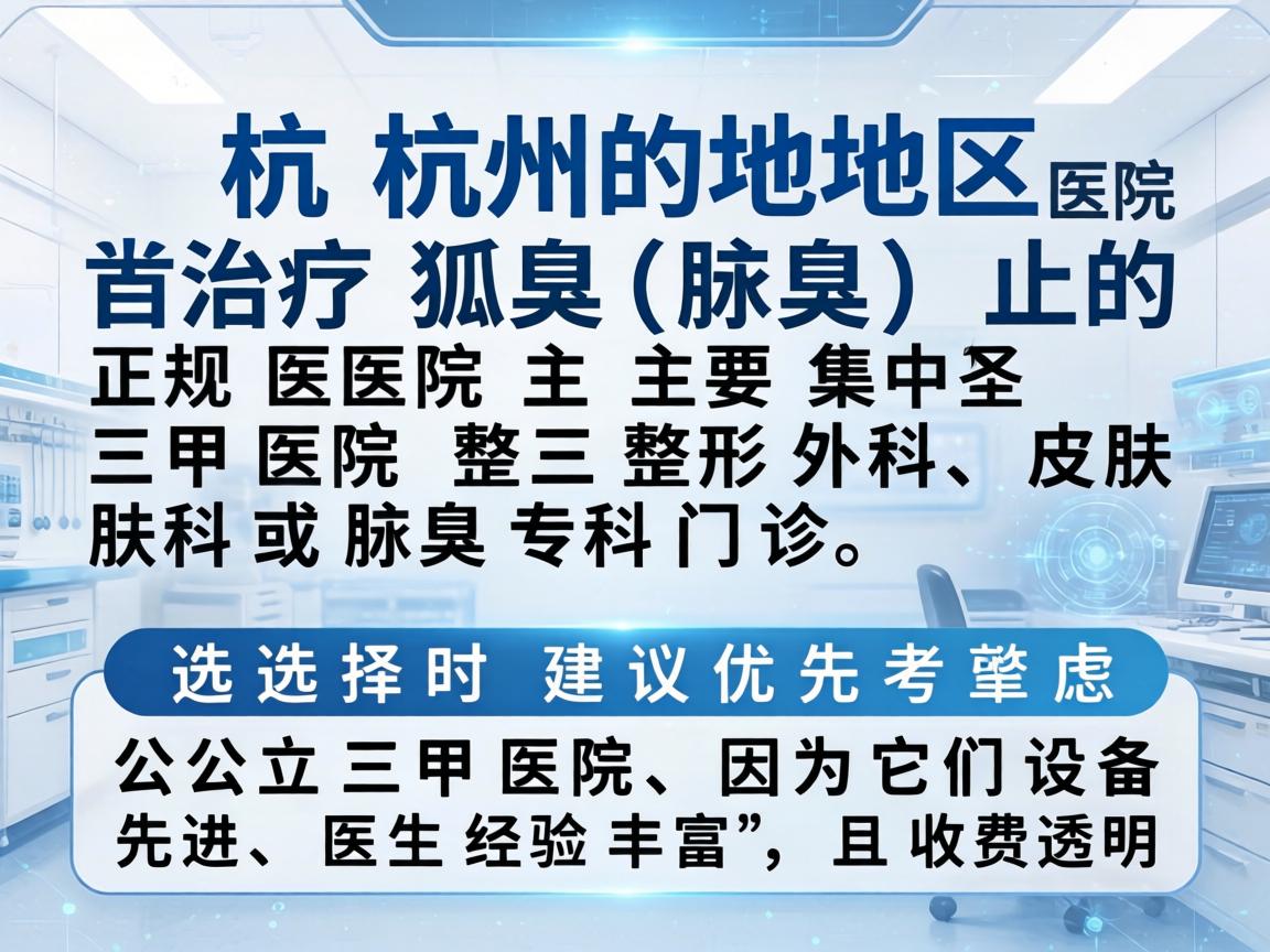 杭州地区治疗狐臭（腋臭）的正规医院主要集中在三甲医院的整形外科、皮肤科或腋臭专科门诊。选择时建议优先考虑公立三甲医院，因为它们设备先进、医生经验丰富，且收费透明