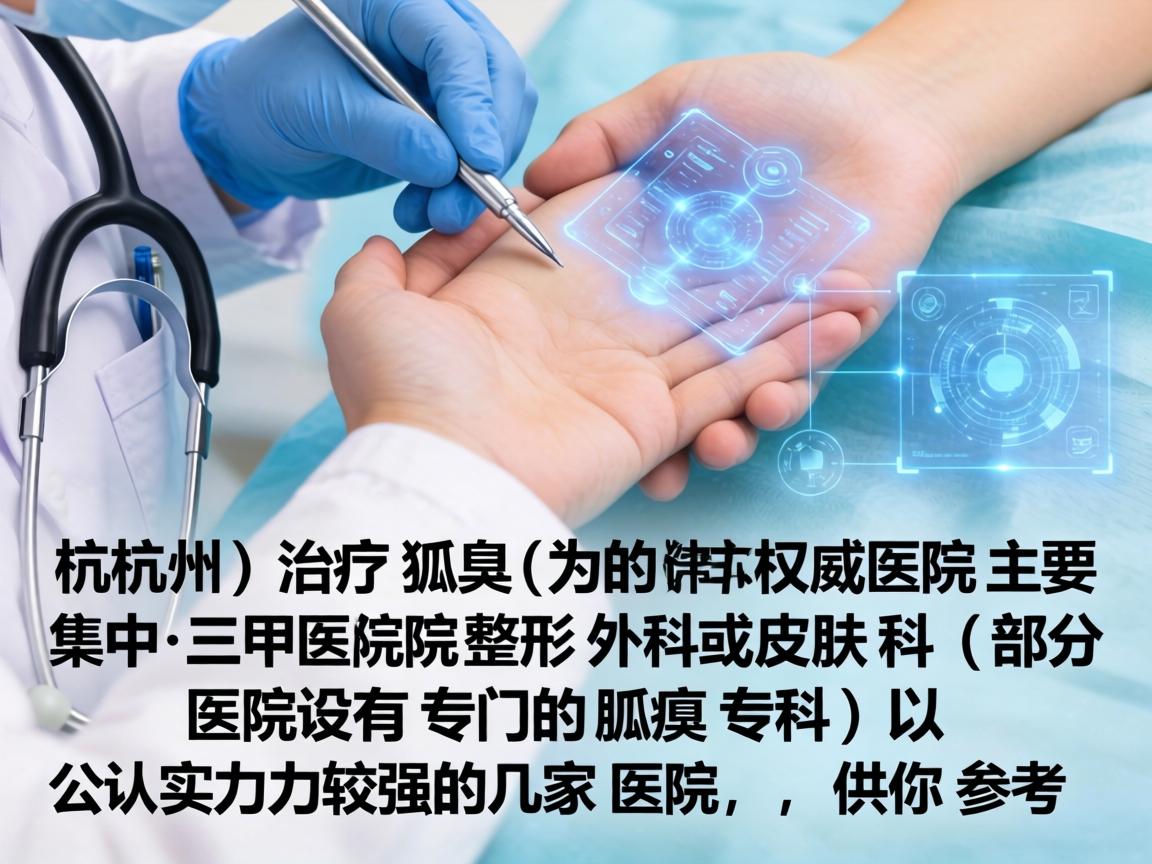 在杭州,治疗狐臭(腋臭)的权威医院主要集中在三甲医院的整形外科或皮肤科(部分医院设有专门的腋臭专科)以下是公认实力较强的几家医院,供你参考 在杭州,治疗狐臭(腋臭)的权威医院主要集中在三甲医院的整形外科或皮肤科(部分医院设有专门的腋臭专科)以下是公认实力较强的几家医院,供你参考