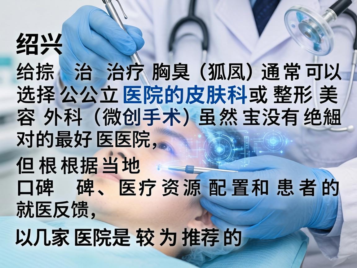 在绍兴,治疗腋臭(狐臭)通常可以选择公立医院的皮肤科或整形美容外科(微创手术)虽然没有绝对的最好医院,但根据当地口碑、医疗资源配置和患者的就医反馈,以下几家医院是较为推荐的选择 在绍兴,治疗腋臭(狐臭)通常可以选择公立医院的皮肤科或整形美容外科(微创手术)虽然没有绝对的最好医院,但根据当地口碑、医疗资源配置和患者的就医反馈,以下几家医院是较为推荐的选择