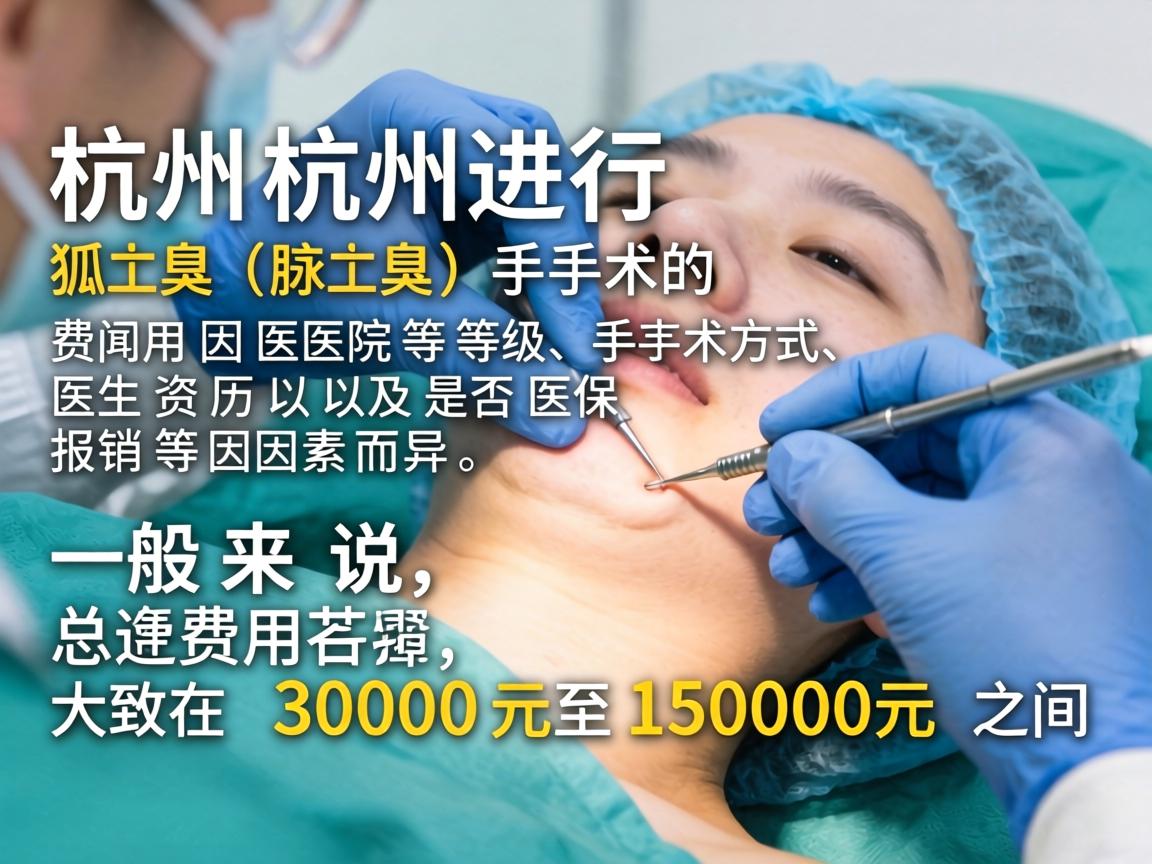 在杭州进行狐臭（腋臭）手术的费用因医院等级、手术方式、医生资历以及是否医保报销等因素而异。一般来说，总费用大致在 3000元至15000元 之间
