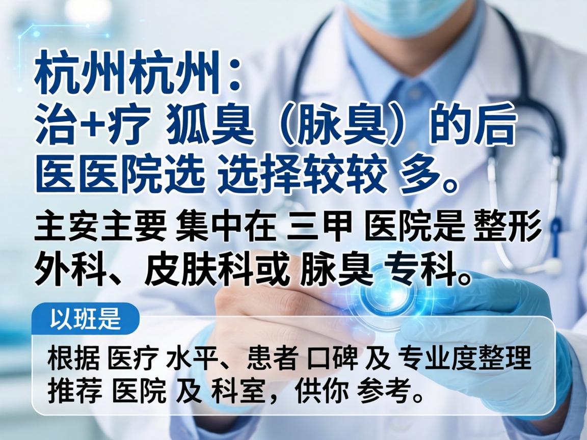 在杭州,治疗狐臭(腋臭)的医院选择较多,主要集中在三甲医院的整形外科、皮肤科或腋臭专科。以下是根据医疗水平、患者口碑及专业度整理的推荐医院及科室,供你参考 在杭州,治疗狐臭(腋臭)的医院选择较多,主要集中在三甲医院的整形外科、皮肤科或腋臭专科。以下是根据医疗水平、患者口碑及专业度整理的推荐医院及科室,供你参考