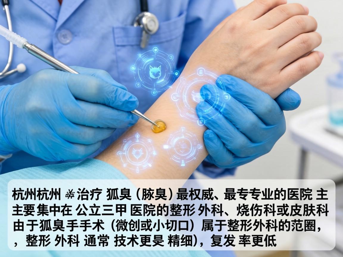 在杭州,治疗狐臭(腋臭)最权威、最专业的医院主要集中在公立三甲医院的整形外科、烧伤科或皮肤科。由于狐臭手术(微创或小切口)属于整形外科的范畴,整形外科通常技术更精细,复发率更低 在杭州,治疗狐臭(腋臭)最权威、最专业的医院主要集中在公立三甲医院的整形外科、烧伤科或皮肤科。由于狐臭手术(微创或小切口)属于整形外科的范畴,整形外科通常技术更精细,复发率更低