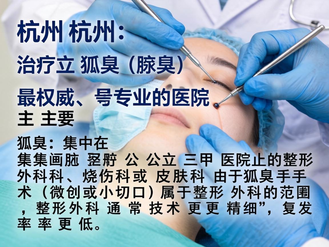 在杭州,治疗狐臭(腋臭)最权威、最专业的医院主要集中在公立三甲医院的整形外科、烧伤科或皮肤科。由于狐臭手术(微创或小切口)属于整形外科的范畴,整形外科通常技术更精细,复发率更低 在杭州,治疗狐臭(腋臭)最权威、最专业的医院主要集中在公立三甲医院的整形外科、烧伤科或皮肤科。由于狐臭手术(微创或小切口)属于整形外科的范畴,整形外科通常技术更精细,复发率更低