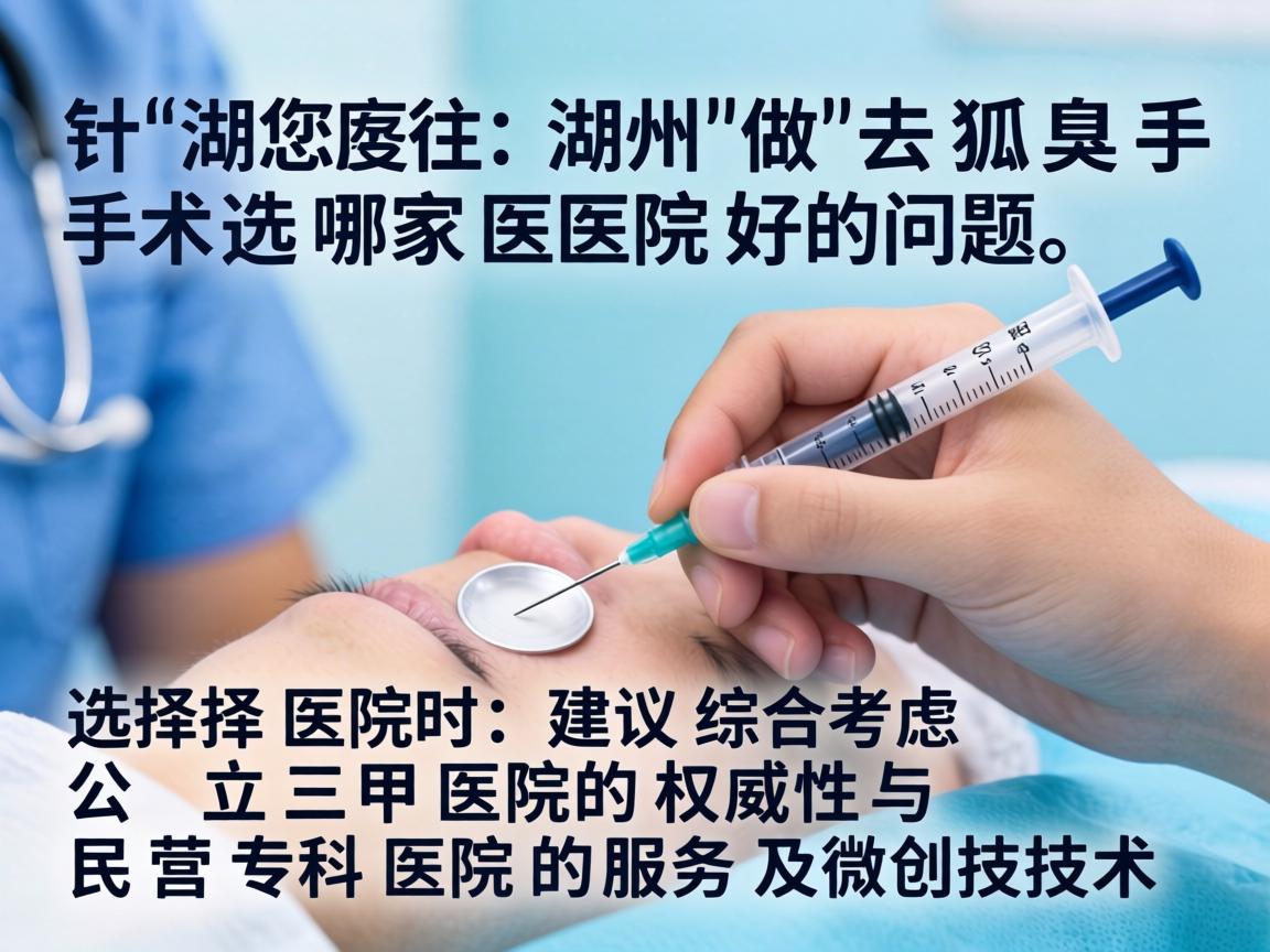 针对您在湖州做去狐臭手术选哪家医院好的问题,我为您整理了以下信息。选择医院时,建议综合考虑公立三甲医院的权威性与民营专科医院的服务及微创技术 针对您在湖州做去狐臭手术选哪家医院好的问题,我为您整理了以下信息。选择医院时,建议综合考虑公立三甲医院的权威性与民营专科医院的服务及微创技术