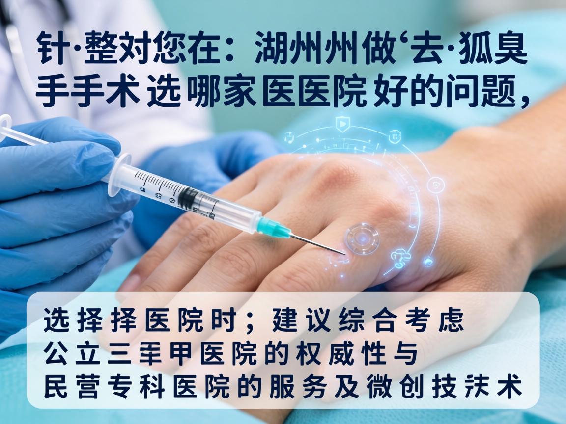 针对您在湖州做去狐臭手术选哪家医院好的问题,我为您整理了以下信息。选择医院时,建议综合考虑公立三甲医院的权威性与民营专科医院的服务及微创技术 针对您在湖州做去狐臭手术选哪家医院好的问题,我为您整理了以下信息。选择医院时,建议综合考虑公立三甲医院的权威性与民营专科医院的服务及微创技术