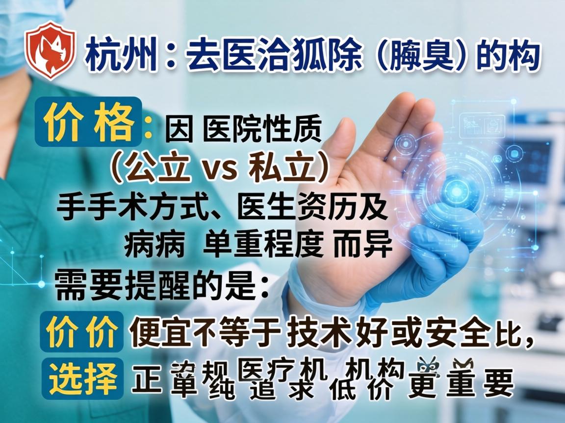 在杭州，去除狐臭（腋臭）的价格因医院性质（公立 vs 私立）手术方式、医生资历及病情严重程度而异。需要提醒的是，价格便宜不等于技术好或安全，选择正规医疗机构比单纯追求低价更重要