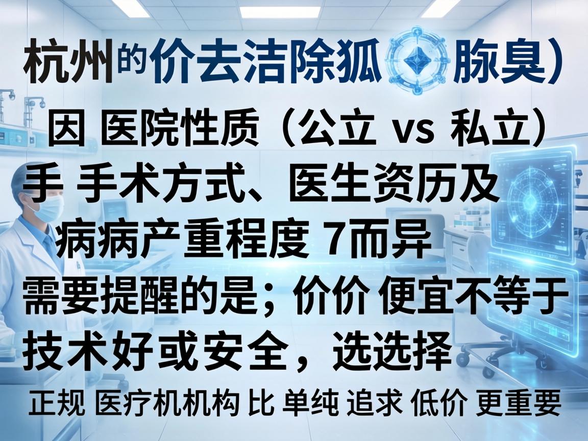 在杭州，去除狐臭（腋臭）的价格因医院性质（公立 vs 私立）手术方式、医生资历及病情严重程度而异。需要提醒的是，价格便宜不等于技术好或安全，选择正规医疗机构比单纯追求低价更重要