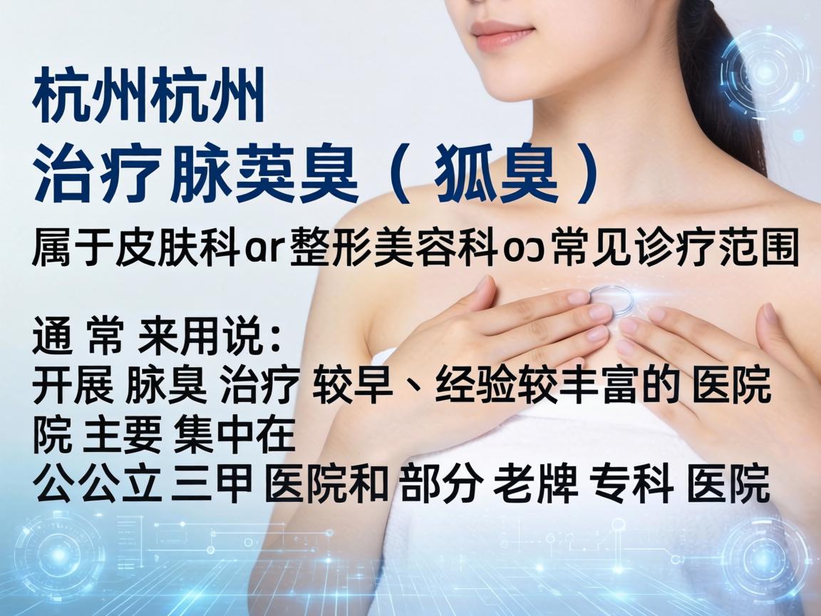 在杭州,治疗腋臭(狐臭)属于皮肤科或整形美容科的常见诊疗范围。通常来说,开展腋臭治疗较早、经验较丰富的医院主要集中在公立三甲医院和部分老牌专科医院 在杭州,治疗腋臭(狐臭)属于皮肤科或整形美容科的常见诊疗范围。通常来说,开展腋臭治疗较早、经验较丰富的医院主要集中在公立三甲医院和部分老牌专科医院