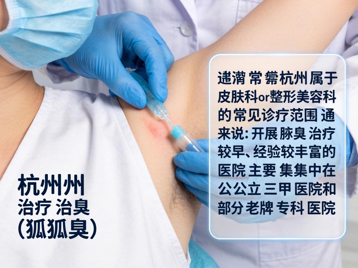 在杭州,治疗腋臭(狐臭)属于皮肤科或整形美容科的常见诊疗范围。通常来说,开展腋臭治疗较早、经验较丰富的医院主要集中在公立三甲医院和部分老牌专科医院 在杭州,治疗腋臭(狐臭)属于皮肤科或整形美容科的常见诊疗范围。通常来说,开展腋臭治疗较早、经验较丰富的医院主要集中在公立三甲医院和部分老牌专科医院